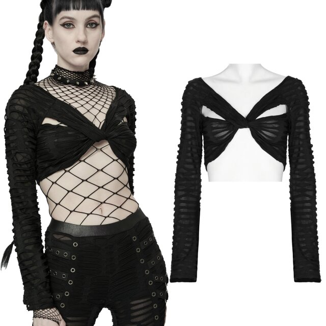 PUNK RAVE bauchfreies Gothic Langarm-Shirt (WT-745TCF) aus zerfetztem weichen Jersey mit Knoten-Detail auf der Brust und ausgestellten Ärmeln