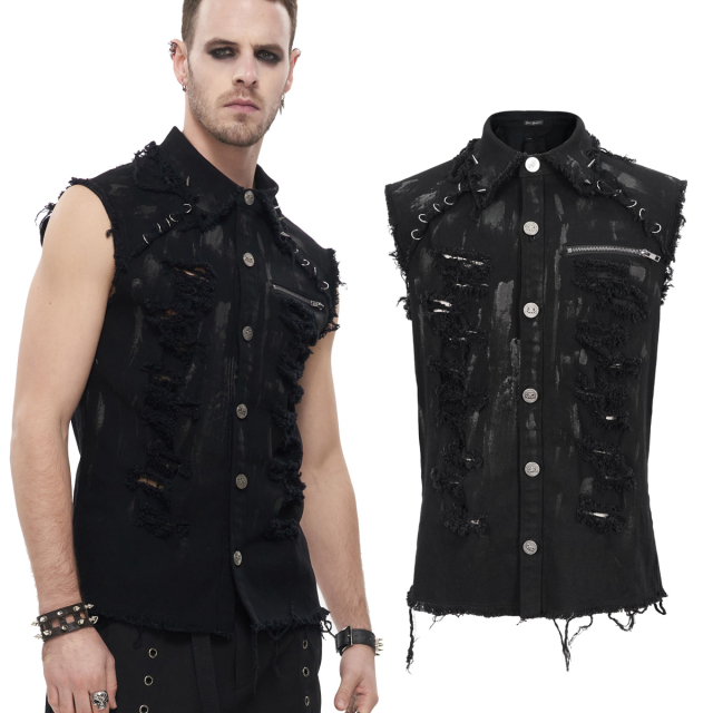 Devil Fashion ausgefranste, ärmellose Punk Jeansjacke (SHT094) mit grauen Farbflecken, Rissen, Nieten und O-Ringen