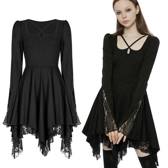 PUNK RAVE gothic minidress (OPQ-1335BK) with flared zigzag skirt, long sleeves with pointed flared hem and exciting ribbon neckline