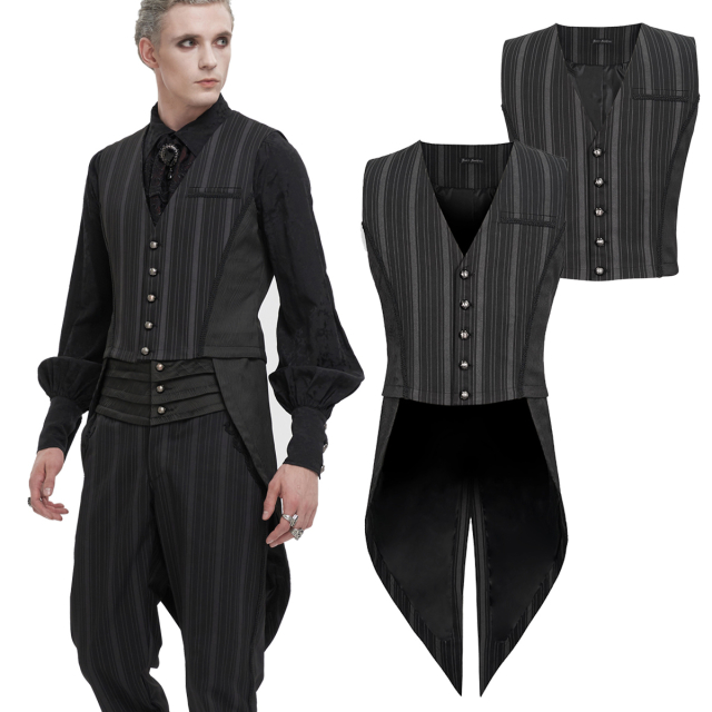 Devil Fashion Steampunk / Victorian Goth waistcoat (WT06601) with detachable tails in black with subtle dark grey vertical stripes. Without collar, single-breasted for timeless masculine elegance.