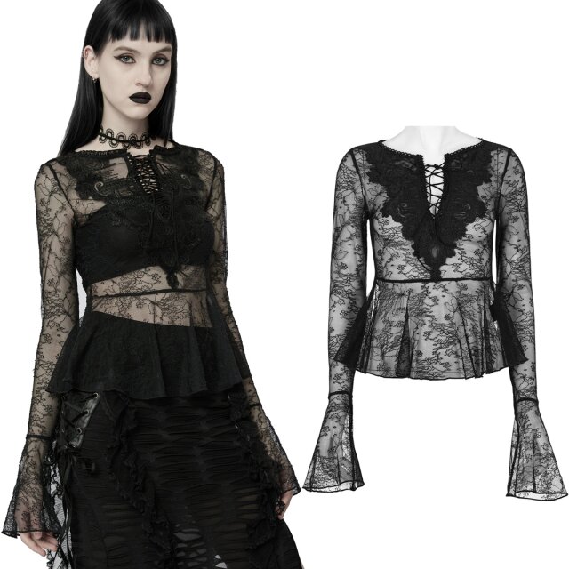 Transparente PUNK RAVE Schößchenbluse (WT-719BK) aus floral besticktem Mesh mit großem Spitzenornament auf der Brust und süßer Schnürung am Dekolleté
