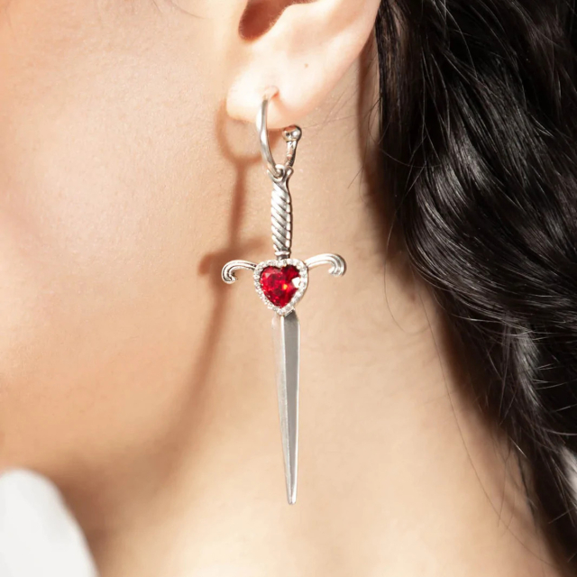KILLSTAR Desolate Earrings - silver coloured creole studs with long pendants with dagger and blood red heart and rhinestones