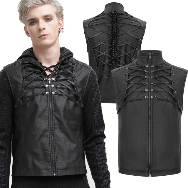 High-collared Devil Fashion Gothic waistcoat (WT071) in leather-look with eye-catching decorative lacing and spine made of large black chain links.