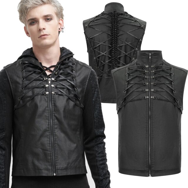 Hoch geschlossene Devil Fashion Gothic Weste (WT071) in Leder-Optik mit auffälliger Zierschnürung und Wirbelsäule aus schwarzen großen Kettengliedern.