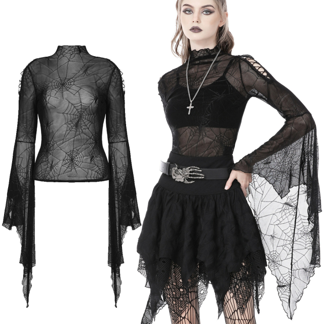 Transparentes Dark In Love Gothic-Shirt (TW453) mit überlangen Trompetenärmeln und Allover Spinnennetz-Muster auf dem feinen Netzmaterial