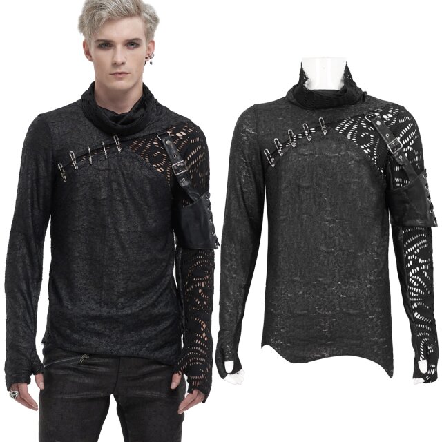 Devil Fashion Langarm-Herrenshirt (TT229) in postapokalyptischer Warrior Optik, ausgefransten Details und abnehmbarer Oberarmschiene aus Kunstleder