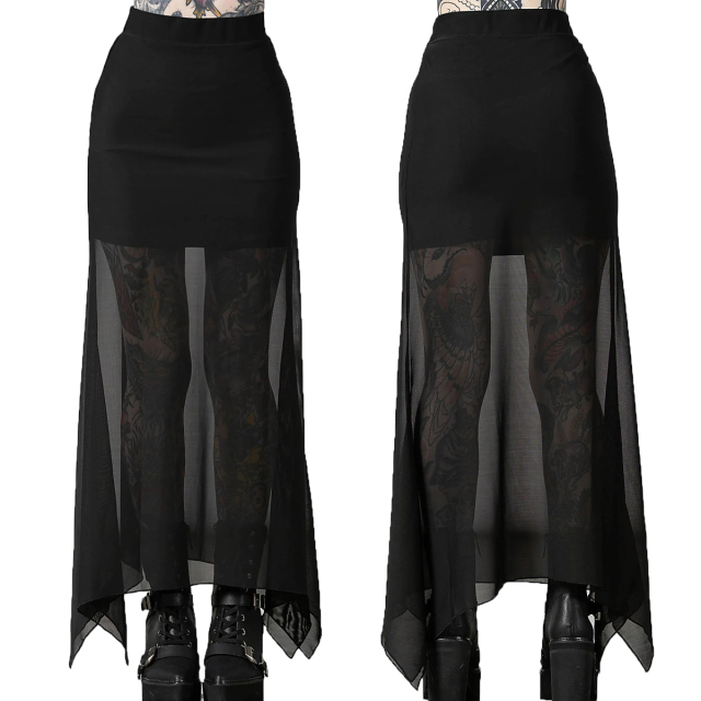 KILLSTAR Death Star Maxi Skirt - knöchellanger Maxi-Rock aus feinem Mesh mit Zipfeln am Taschentuchsaum sowie blickdichtem schmalen Mini-Unterrock