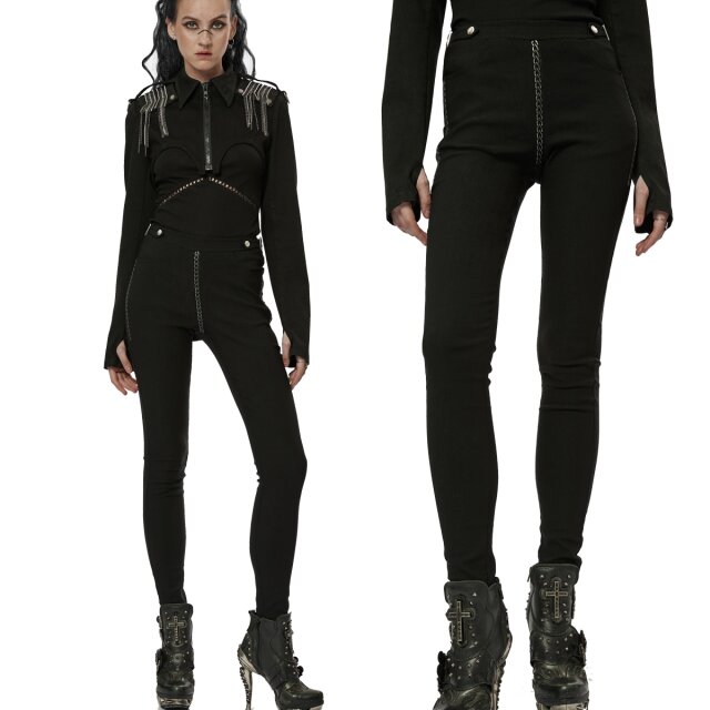 PUNK RAVE skinny treggings (WK-513BK) in uniform look with 3D print of chunky chains on the crotch and hips.