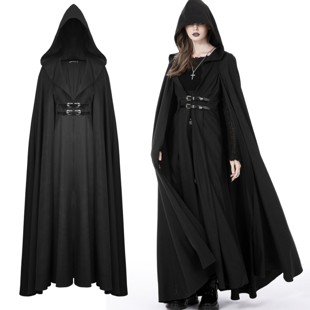 Ankle-length, medieval Dark In Love post-apocalypse cape (JW239) in a two-layer look with straps and buckles and a large hood.