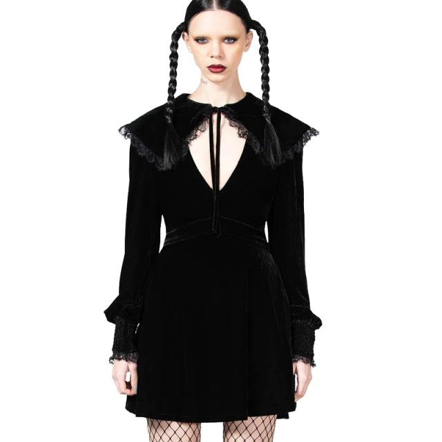 KILLSTAR Emilee Emilee Collar mini dress in skater cut made of velvet with big flashy collar and very low neckline as well as long sleeves with ruffled cuff.