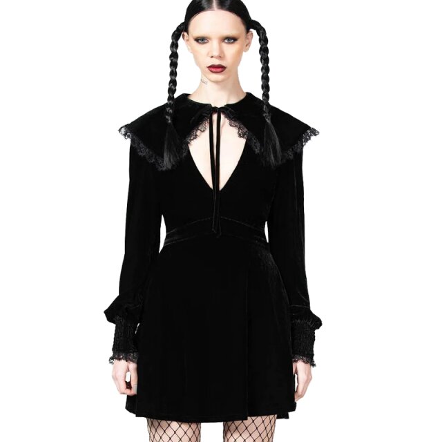 KILLSTAR Emilee Emilee Collar Minikleid im Skaterschnitt aus Samt mit großem auffälligen Kragen und sehr tiefem Ausschnitt sowie langen Ärmeln mit gerüschter Manschette.