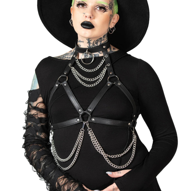 KILLSTAR On A Leash Harness - Faux leather upper body harness in the shape of a halter bra with collar with large O-ring and chains on the neckline and under the chest.