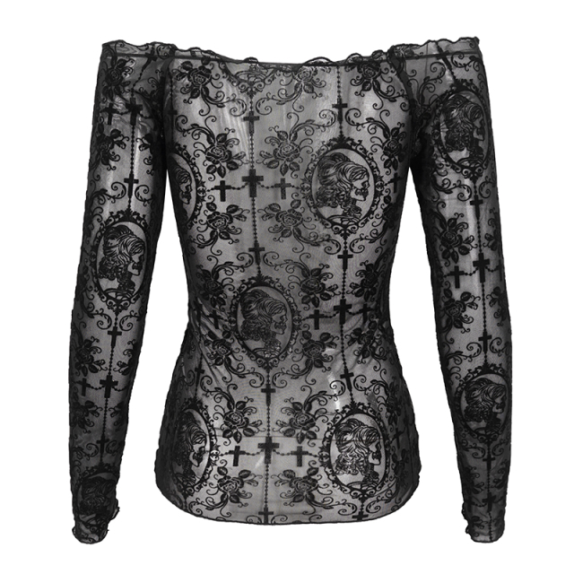 Gothic Mesh-Shirt mit barockem Muster und Raffung
