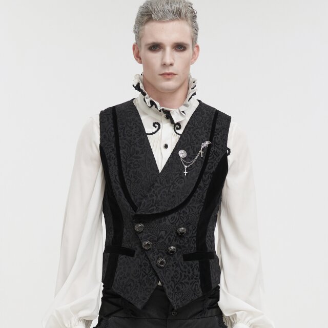 Barock mit Ornamenten gemusterte Devil Fashion Weste (WT07001 & WT07002), zweireihig und mit großem Revers sowie abnehmbarer Brosche in uni-schwarz oder rot-schwarz