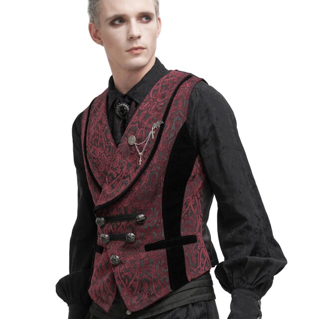 Barock mit Ornamenten gemusterte Devil Fashion Weste (WT07001 & WT07002), zweireihig und mit großem Revers sowie abnehmbarer Brosche in uni-schwarz oder rot-schwarz