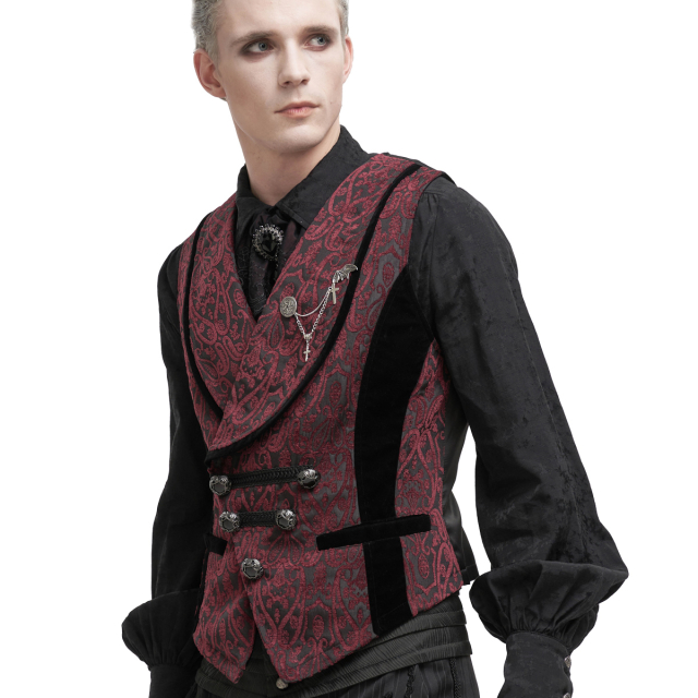 Baroque ornament patterned Devil Fashion waistcoat (WT07001 & WT07002), double-breasted with large lapel and detachable brooch in plain black or red-black