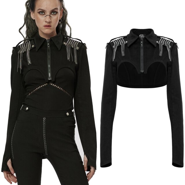 Schwarzes PUNK RAVE Glamour Punk Bolero (WY-1450XDF) mit Uniform-Charakter durch auffällige Schulterstücke mit feinen herabhängenden Ketten. Aus elastischem Denim, vorne mit Reißverschluss, Hemdkragen und lange Ärmel.