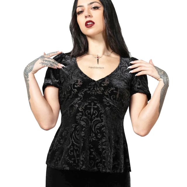 KILLSTAR gothic top in elegant burnout velvet patterned with baroque ornaments and crosses. Waisted with short sleeves.