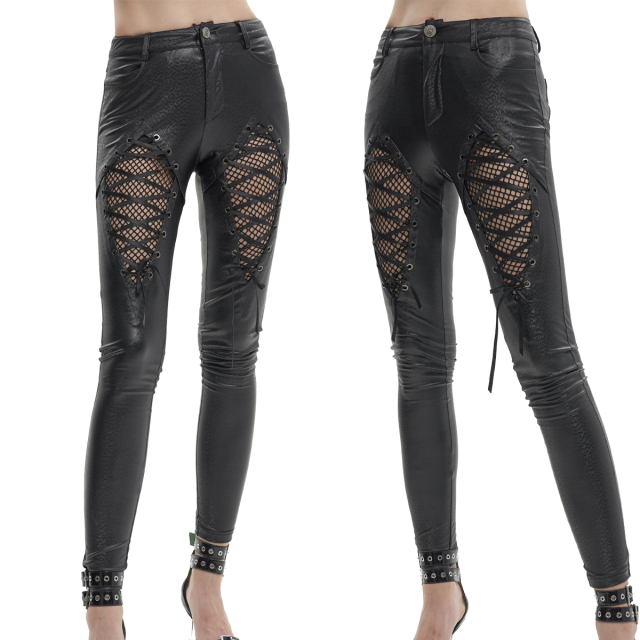 Devil Fashion skinny faux leather trousers (PT200) in 5-pocket style with discreet wildcat fur pattern and mesh inserts as well as lacing on the thigh.