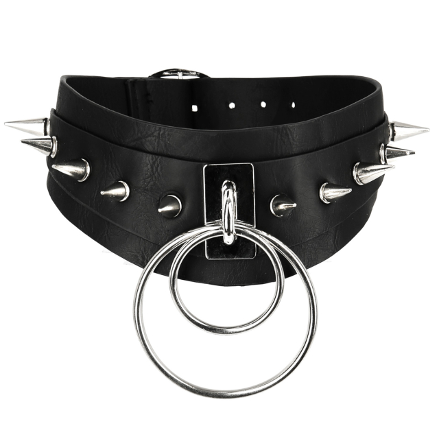 Restyle PU leather Double Spiked Choker, anatomically shaped faux leather collar with spiked studs and two large O-rings.