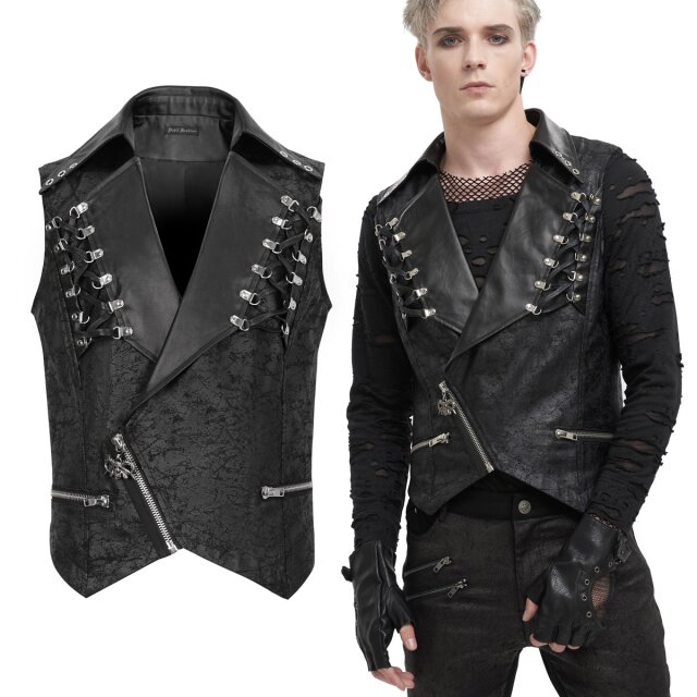 Kurze Gothic Velours Weste in einem Used-Leder-Look mit glatten Kunstlederdetails (WT073) mit Kunstleder-Kragen und -Revers mit Zierschnürungen, tiefem Ausschnitt und asymmetrischem Reißverschluss.
