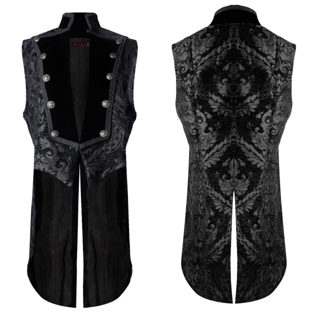 Elegant Victorian-Goth brocade vest with baroque ornamentation in a black tone-on-tone pattern with tails, stand-up collar and deep V-neckline with velvet lapel.