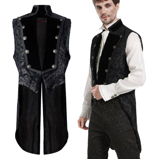 Elegant Victorian-Goth brocade vest with baroque ornamentation in a black tone-on-tone pattern with tails, stand-up collar and deep V-neckline with velvet lapel.