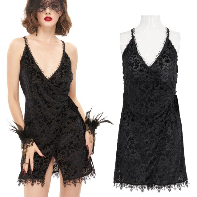 Eva Lady wrap dress (ESX001) in a burlesque negligee look made of burnout velvet with a baroque tendril pattern, deep back neckline and elaborate lace trim at the hem