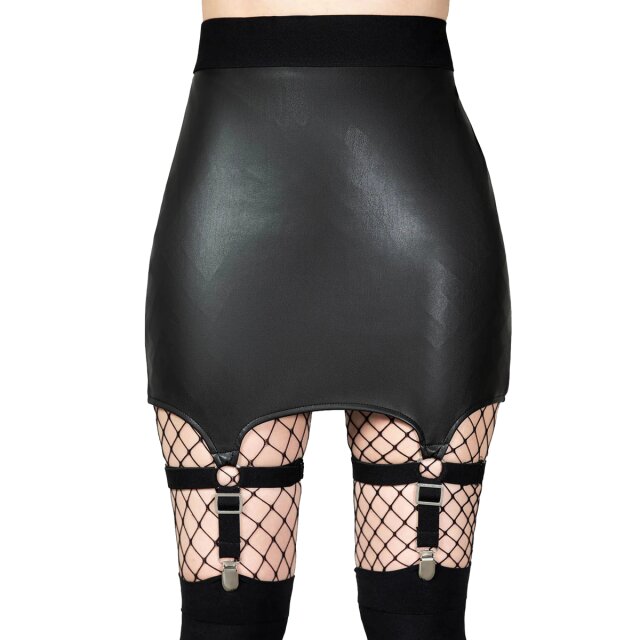 Cassandra PU-Miniskirt, der ultrakurze Wetlook-Rock in Leder-Optik mit Beinriemen und Strumpfhaltern