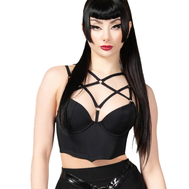 KILLSTAR Cage Effect Bra - Gothic bustier with zigzag bands on the cleavage, tapered hem and feminine sweetheart neckline