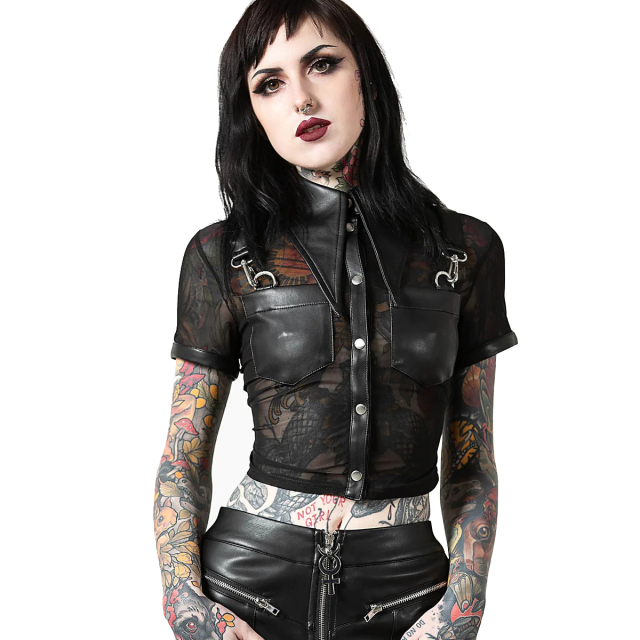 KILLSTAR Dark Halo Crop Shirt - waist short transparent mesh blouse with large faux leather shirt collar, attached faux leather chest pockets and straps and D-rings.