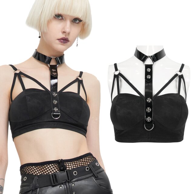 Devil Fashion Bustier im Bandeau-Look (TT191) aus aufregendem gummierten Material mit Lack-Halsband und Tatzenkreuz-Nieten.