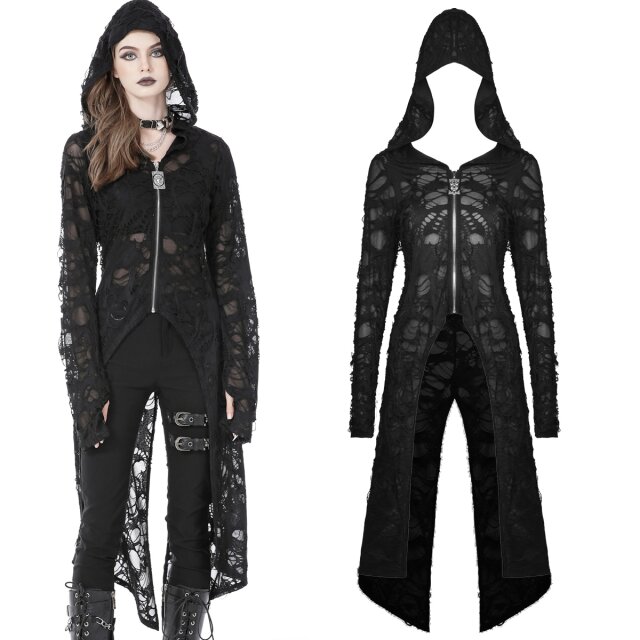 Punkige Dark In Love wadenlange Fetzenjacke (JW241) aus zerschlissenem, leicht transparentem Jersey mit großer Kapuze und Reißverschluss