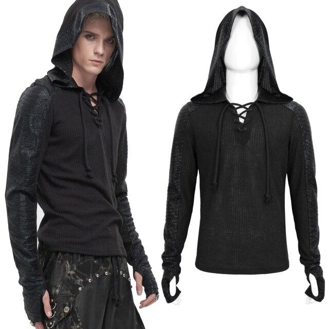 Devil Fashion dünnes Strick Shirt (TT225) mit großer Kapuze in feiner Doppelripp-Qualität und breiten glänzenden Knittereinsätzen an den Ärmeln und der Kapuze.