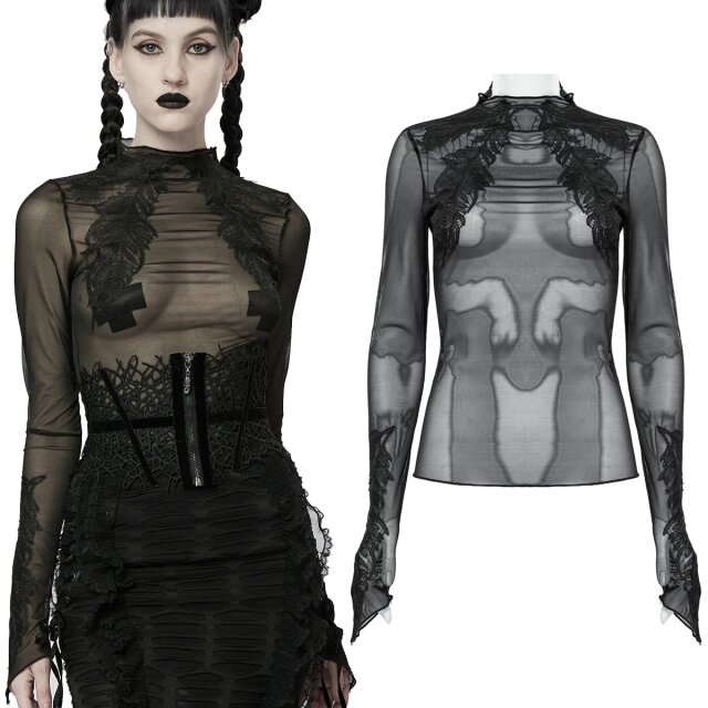 Transparentes Punk Rave Langarm Mesh Shirt (WT-766BK) mit großen Spitzenornamenten auf dem Dekolleté und den spitz zulaufenden Unterarmen. Tailliert mit Turtle Neck.