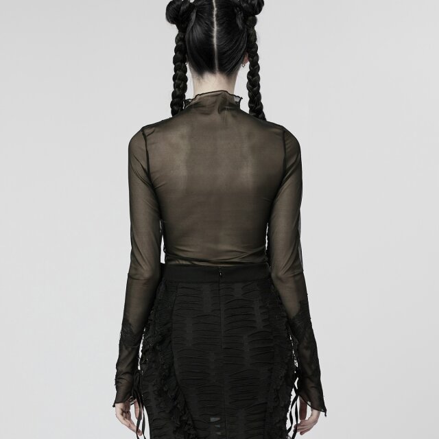 PUNK RAVE Transparentes Mesh Shirt mit Spitze XS-S