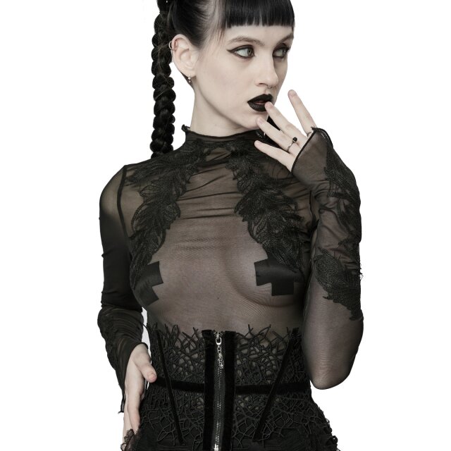 PUNK RAVE Transparentes Mesh Shirt mit Spitze M-L