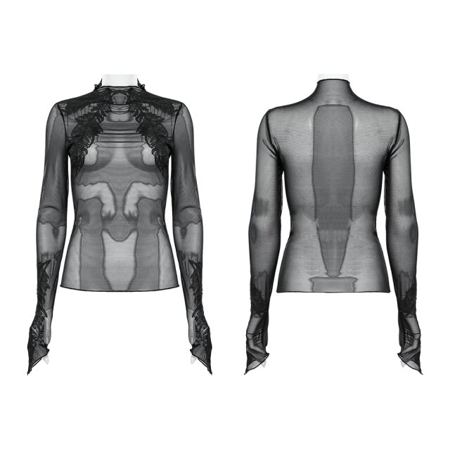 PUNK RAVE Transparentes Mesh Shirt mit Spitze M-L