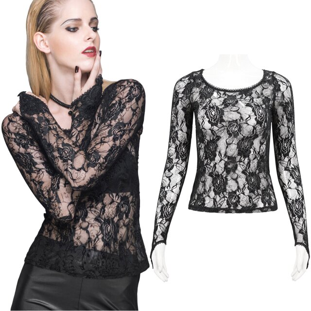 Devil Fashion Spitzen-Langarm-Top (TT045) mit Rundhalsausschnitt, schmalen spitz zulaufenden Ärmeln mit Spitzenapplikation