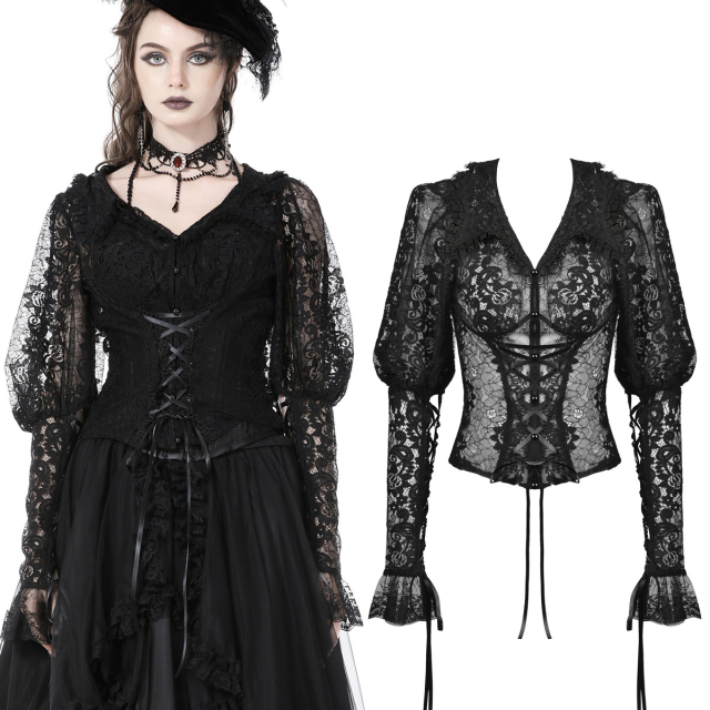 Dunkelromantische Gothic-Bluse (IW092) von Dark In Love mit viktorianischer Note aus transparenter Spitze mit langen Puffärmeln, Schnürungen unterhalb der Brust und den Unterarmen, tiefer V-Ausschnitt und süßer Kragen