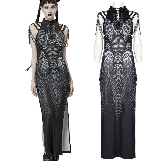 Ärmelloses, schmal geschnittenes PUNK RAVE Maxi-Kleid (WQ-622BK-GY) mit futuristischem Skelett-Print, Kunstleder-Details und bogenförmig drapierten Ketten.