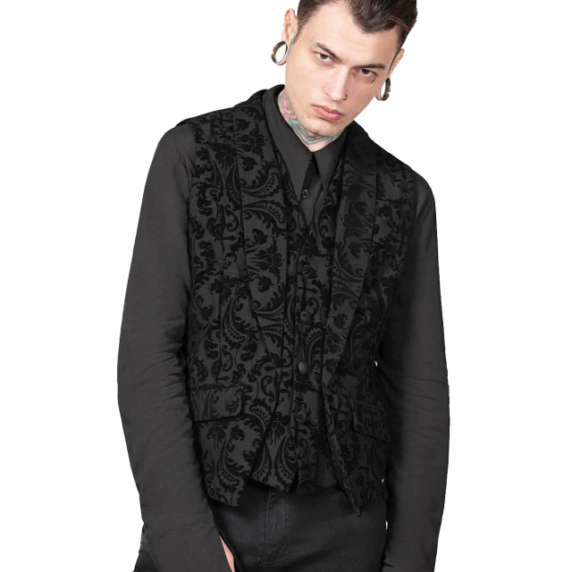 KILLSTAR Bleak Heart unisex waistcoat made of elastic material with baroque flock pattern in brocade look. Layered look with long lapel collar and buttonable inset