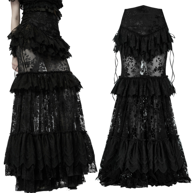 Floor-length PUNK RAVE tulle skirt (WQ-629BK) in mermaid line with opulent flounces and an all-over flocking with floral vine pattern. Wide waistband with side lacing.