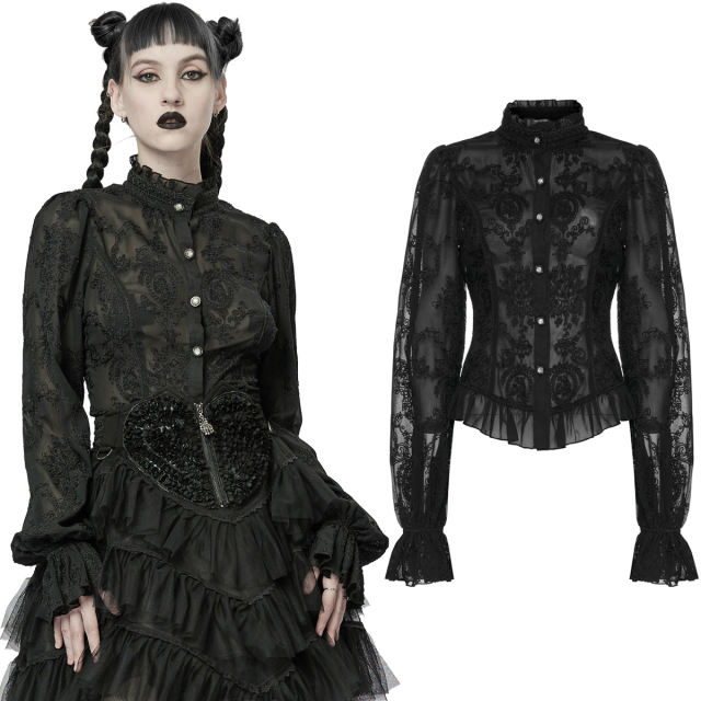 PUNK RAVE peplum blouse (WY-1267BK) in semi-sheer chiffon allover with delicate floral embroidery, slim stand-up collar and wide puffed sleeves with trumpet cuffs and corset lacing.