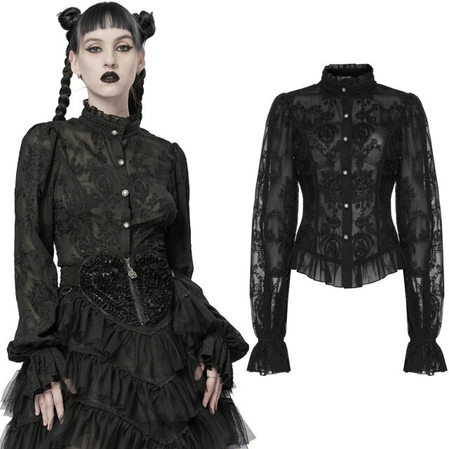 PUNK RAVE Schößchenbluse (WY-1267BK) aus semi-transparentem Chiffon allover mit zarter floraler Bestickung, schmaler Stehkragen und weite gebauschte Ärmel mit Trompetenmanschette sowie Korsettschnürung.