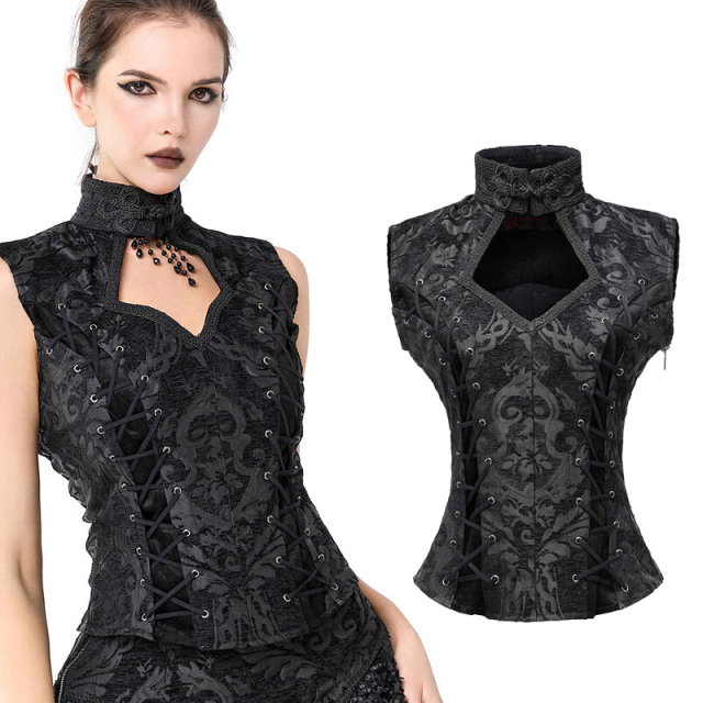 Gothic corset top in heavy black brocade with stand-up collar, large cut-out on the neckline and elastic decorative lacing at the front and back.