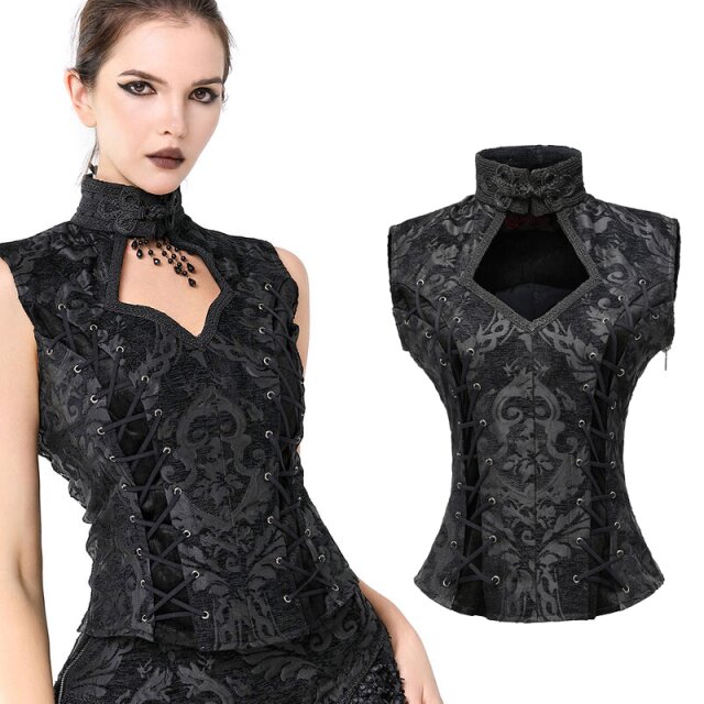 Gothic Korsagen-Top aus schwerem schwarzen Brokat mit Stehkragen, großem Cut-Out auf dem Dekolleté und elastischen Zierschnürungen vorne wie hinten.