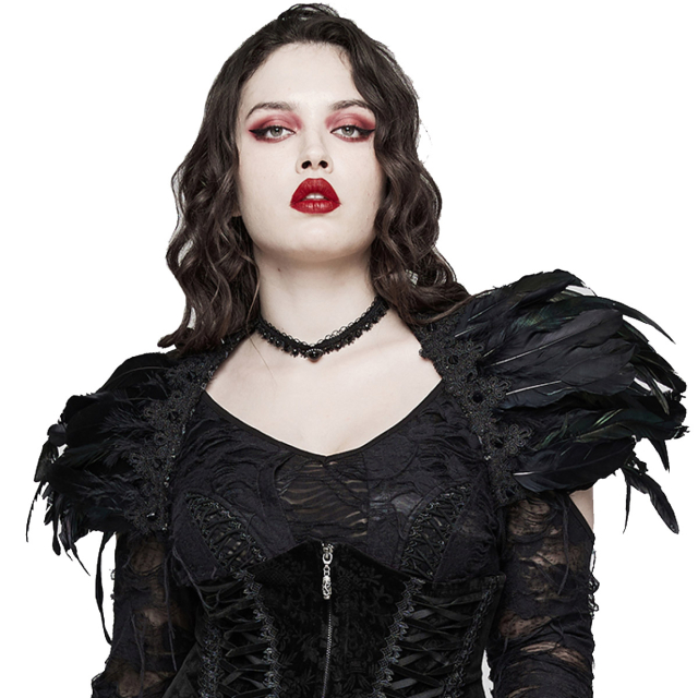 PUNK RAVE feather collar / shrug (WS-551BK) with black feathers, delicate lace and black spiked rivets
