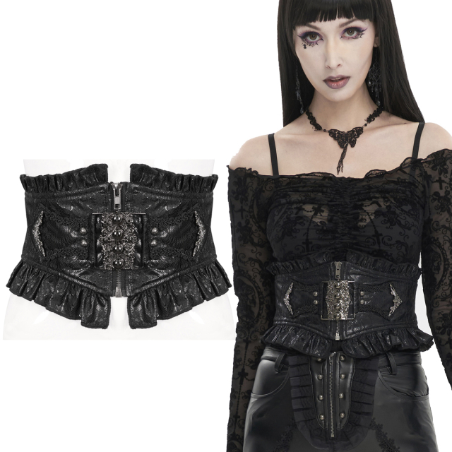 Devil Fashion corsage belt (AS142) in Victorian look made of silky shiny wet look material covered with fine lace with narrow ruffles at the hem and strikingly large baroque ornament fastening at the front.
