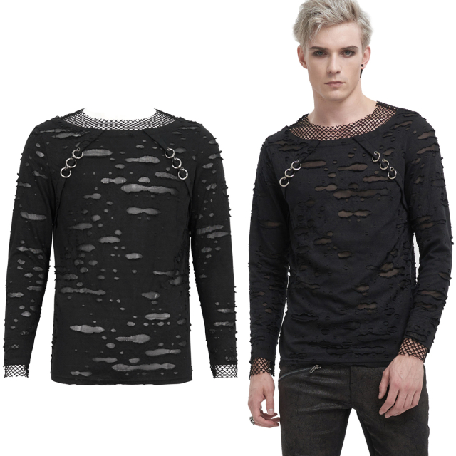 Tattered Devil Fashion longsleeve shirt (TT227) made of soft heavy distressed jersey with mesh panels at the neckline as well as on the sleeves, decorative rings in piercing style at the front.